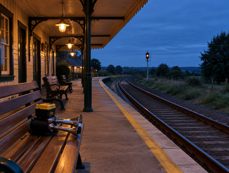 A chrome train horn with a yellow cordless battery on a bench at a small-town station platform at dusk.