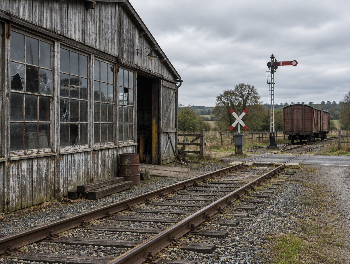 Old railway shed with cracked and intact window panes beside a level crossing with rails and a parked boxcar.
