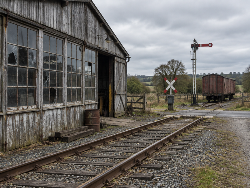 Old railway shed with cracked and intact window panes beside a level crossing with rails and a parked boxcar.