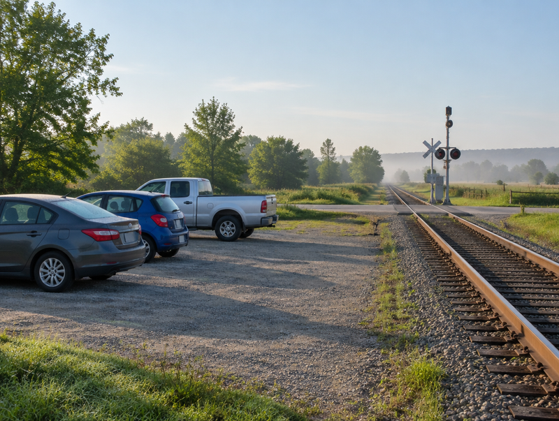 Parked cars in a gravel lot beside a rail crossing with a crossbuck and signal mast on a hazy, clear morning.