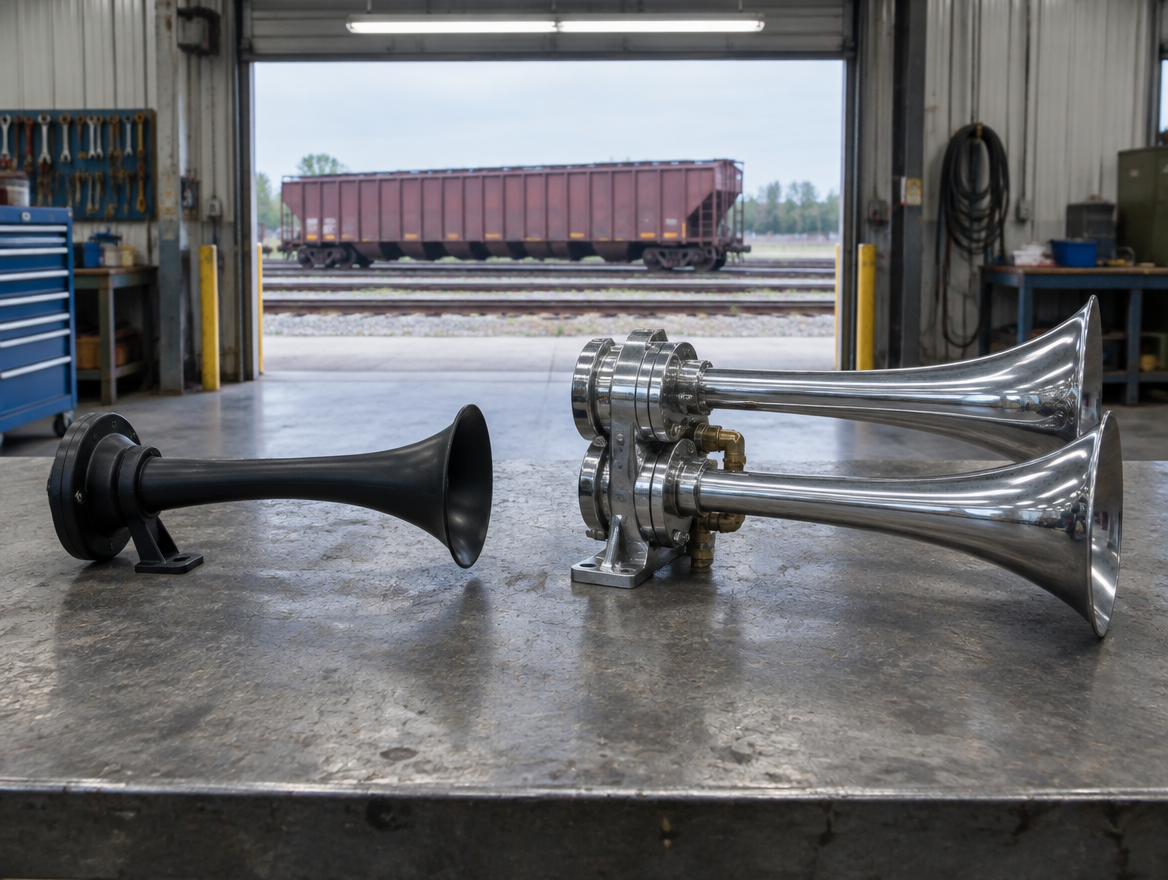 A thin plastic horn beside a heavy chrome twin-trumpet assembly on a depot workbench