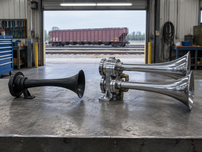 A thin plastic horn beside a heavy chrome twin-trumpet assembly on a depot workbench