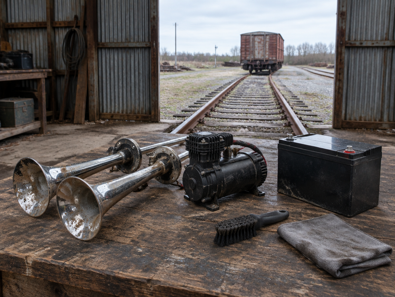 A dusty train horn kit and cleaning supplies on a workbench inside a railway shed, with tracks running out the open door.