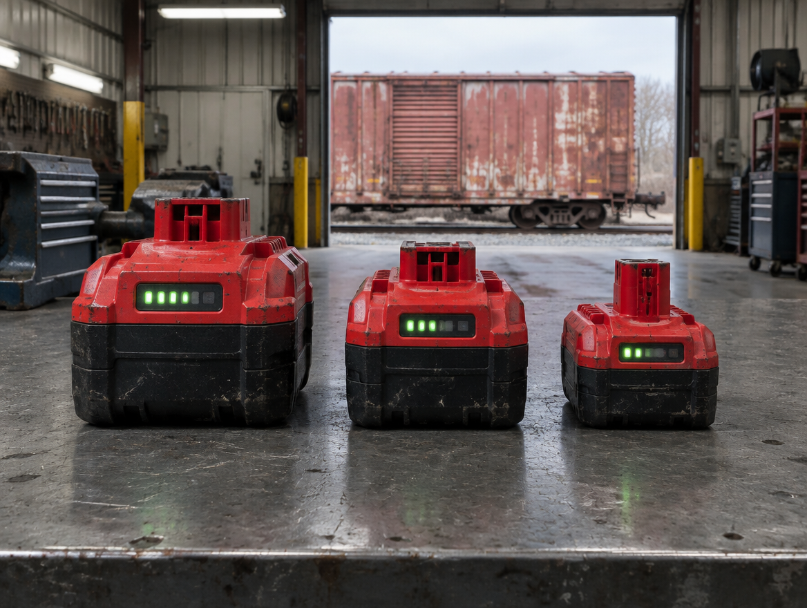 Three red and black battery packs of different sizes on a workbench, boxcar through the open door