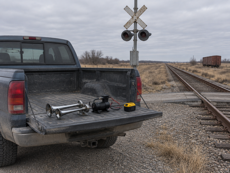 A train horn and yellow tool battery on a pickup's tailgate, parked beside a rural level crossing.