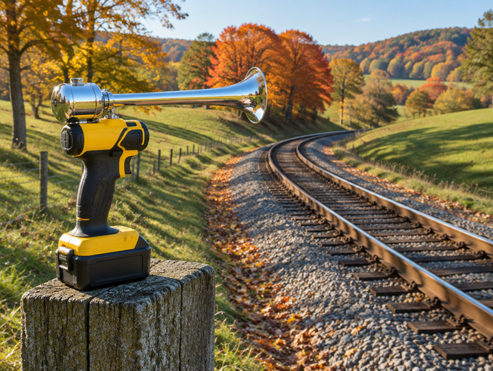 Handheld cordless air horn with a yellow battery on a fence post beside a curving single-track line in autumn hills