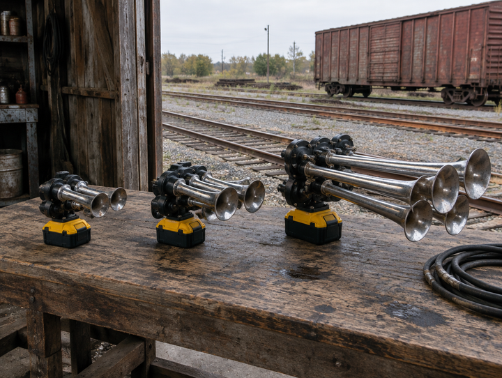 Dual, quad and extreme train horn kits lined up by size on a depot workbench