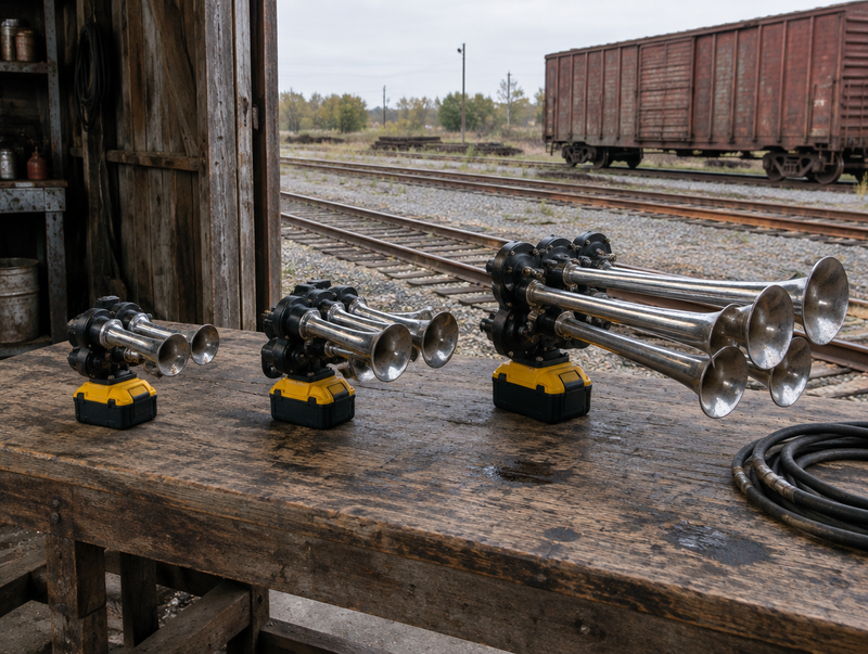 Dual, quad and extreme train horn kits lined up by size on a depot workbench