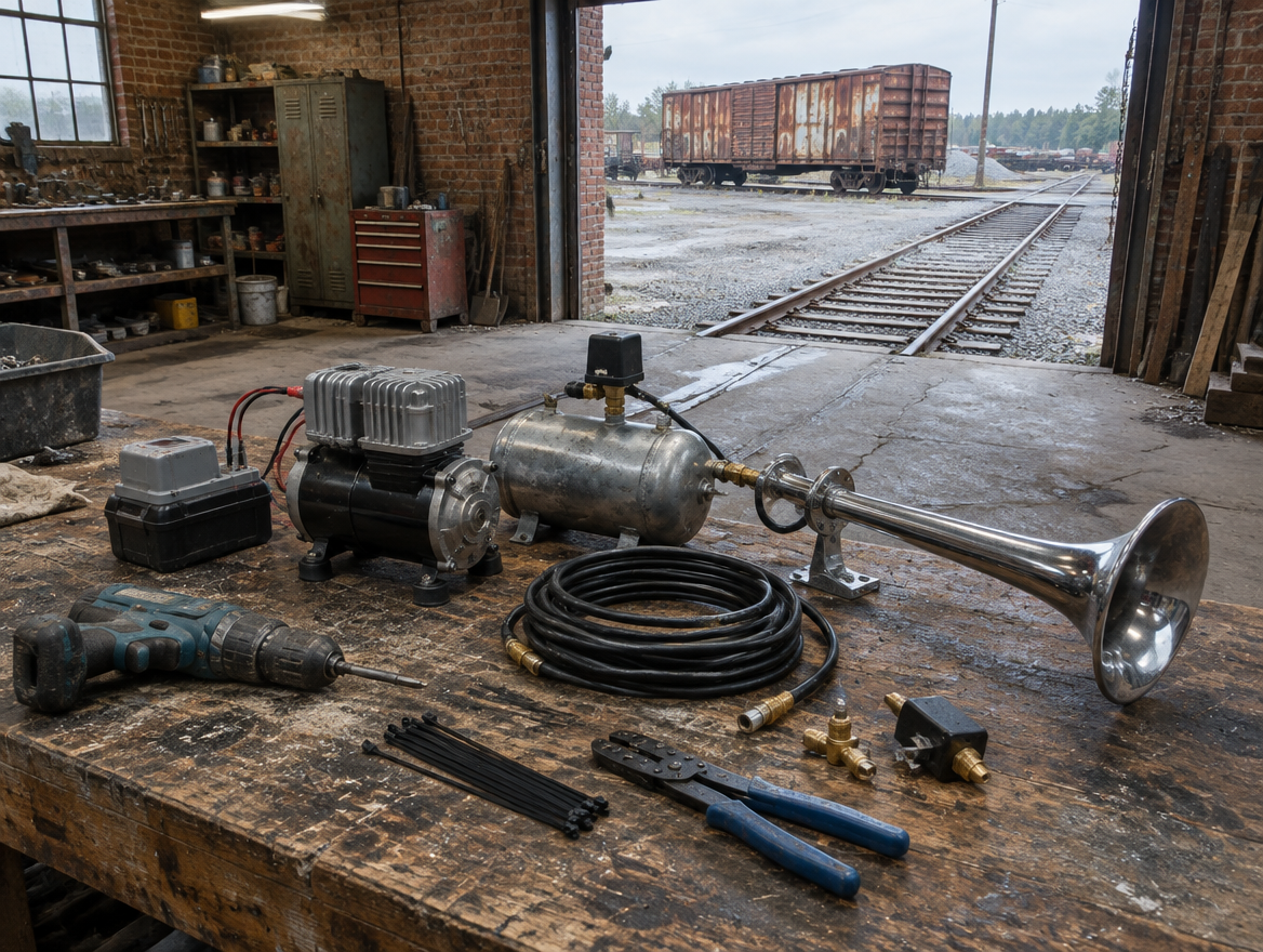 A half-built air horn with compressor, tank and drill battery on a workbench in a railway shed open to the tracks.