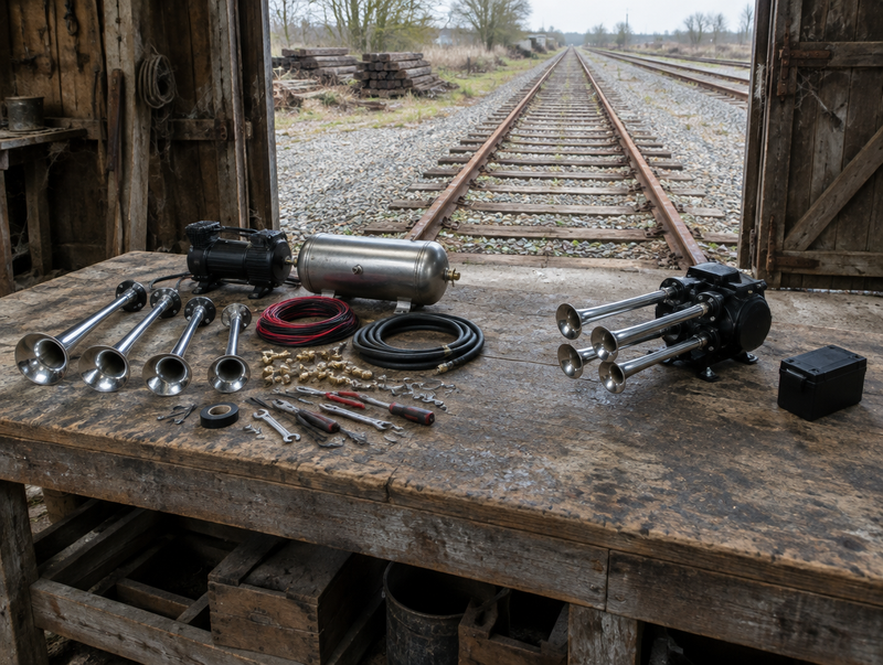 A loose train horn kit and a compact pre-assembled horn on a shed workbench, with railway track outside the open door.