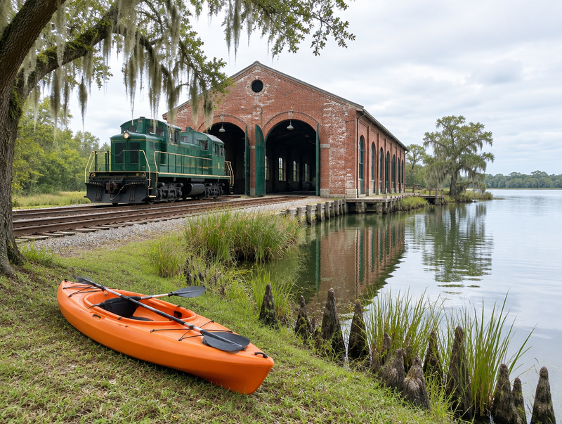 A brick engine shed with a green locomotive outside, beside a calm bayou with an orange kayak on the grassy bank.