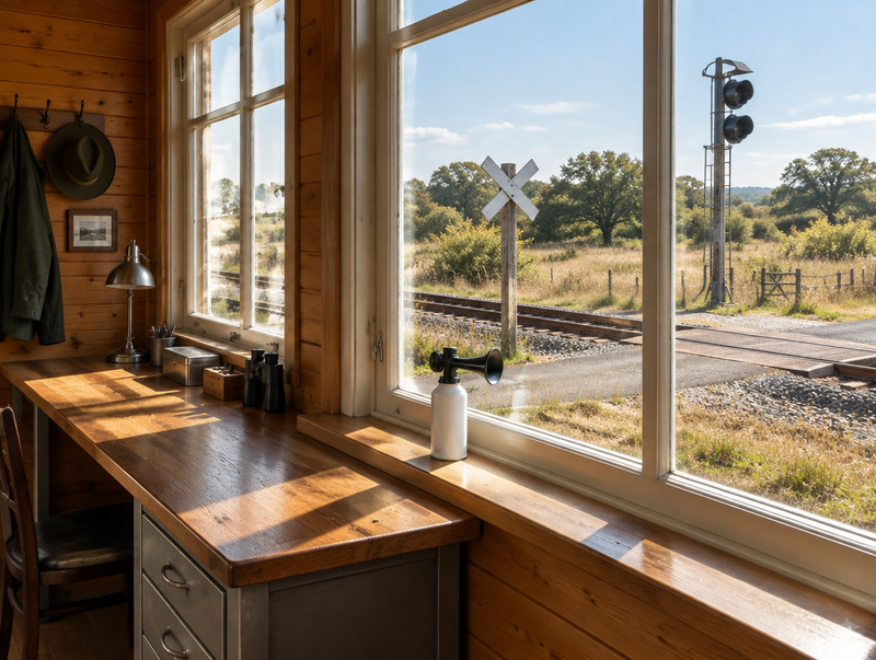 Sunlit wooden trackside cabin with an air horn on the windowsill, overlooking a rural railroad crossing.