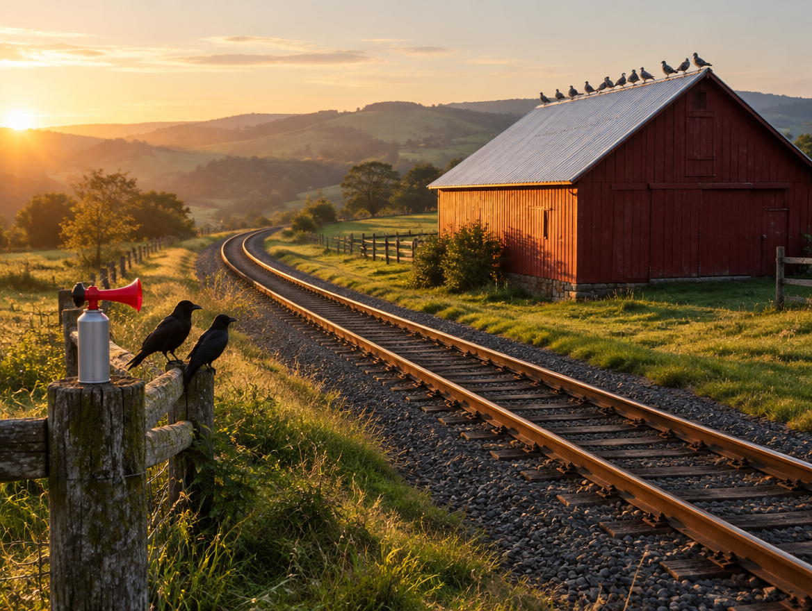 Pigeons line a red barn roof and crows sit on a fence beside a single-track railway curving through green hills.