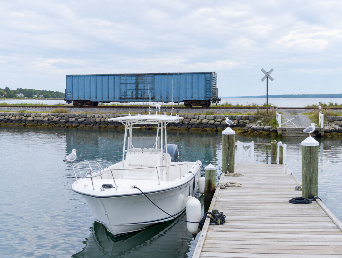 Gulls perched on pilings and a moored fishing boat at a marina, with a waterfront rail line and boxcar behind.