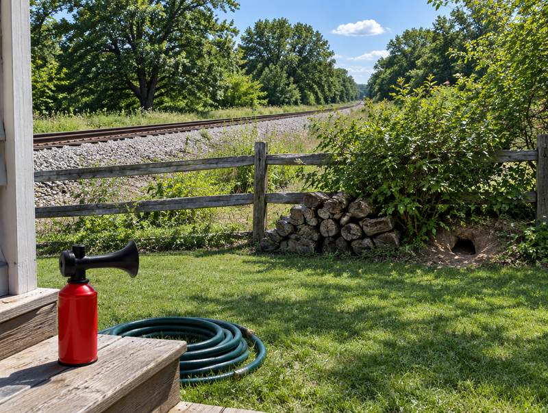 Sunny backyard with a handheld air horn on a porch step and a railway line on the embankment past the fence.