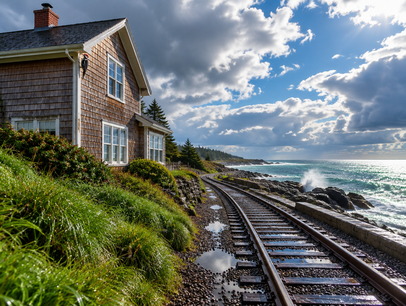 Coastal house with cedar siding above a wet seaside railway after rain, with a woodpecker clinging under the eave.