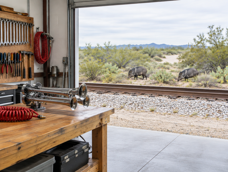 A tidy workshop with a chrome air horn on the bench, its open roller door showing rails and two javelinas in desert scrub.