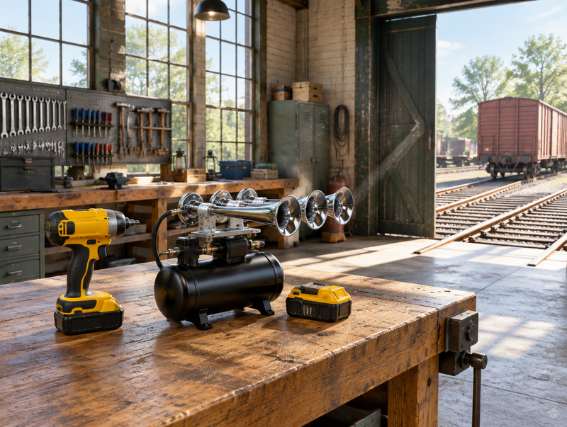 A sunlit railway shed workshop with a yellow cordless horn tool on a wooden bench and rails leading out the open door.