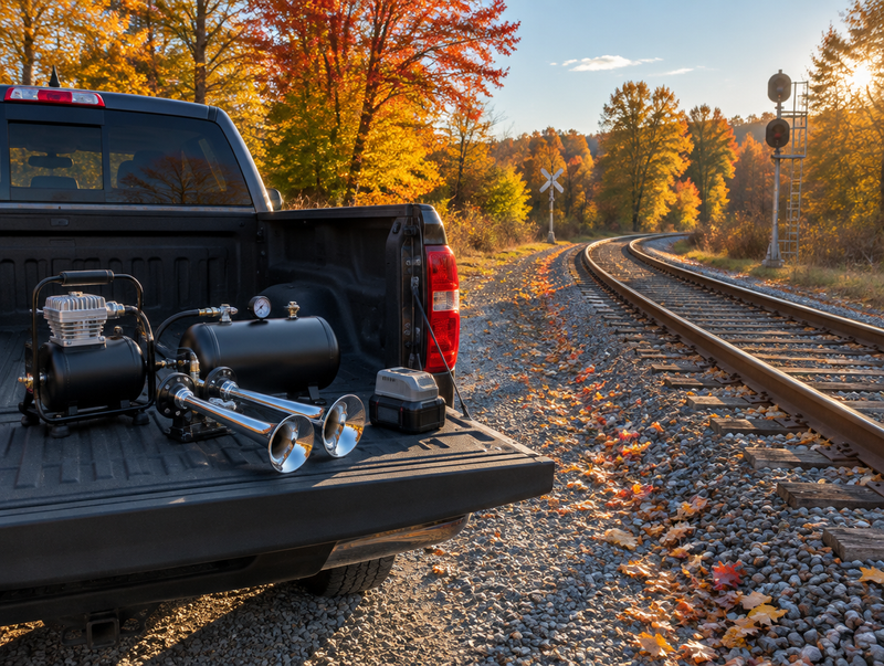 Cordless train horn kit on a pickup tailgate beside a rural rail line lined with gold and red autumn trees.