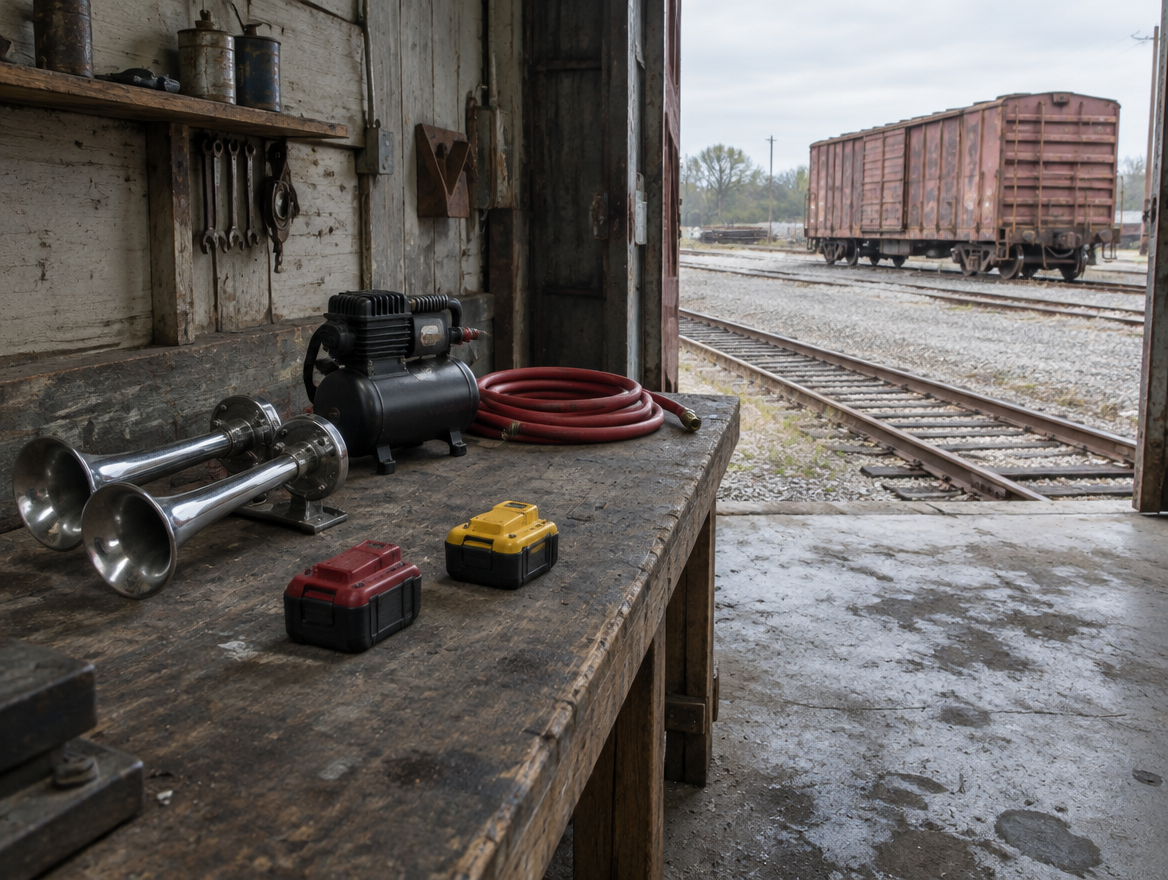 Dusty workbench in a railway shed with a chrome air horn and red and yellow tool batteries, rail track visible outside