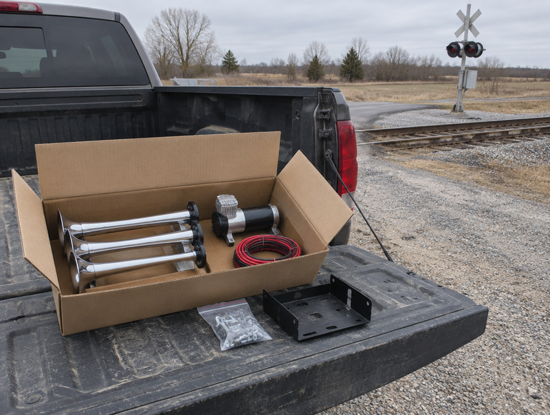 An opened shipping box on a pickup tailgate holds a train horn kit with no battery, beside a rural level crossing.