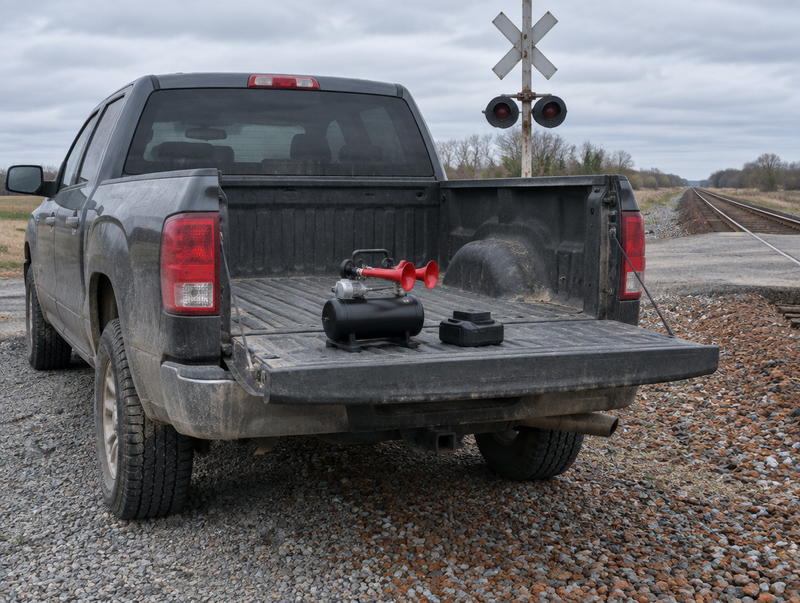 A pickup parked by a rail crossing, with a compact horn and cordless battery pack on its dusty tailgate.