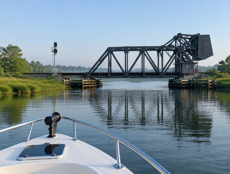 A small motorboat waits on a calm river in front of a closed steel railroad drawbridge in soft morning light.
