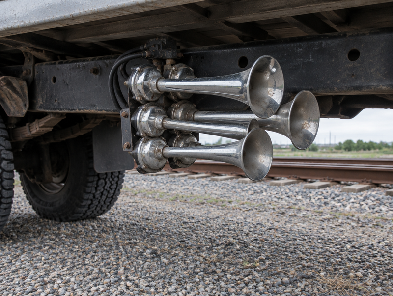 A chrome four-trumpet air horn under a pickup bed, parked beside a railway track
