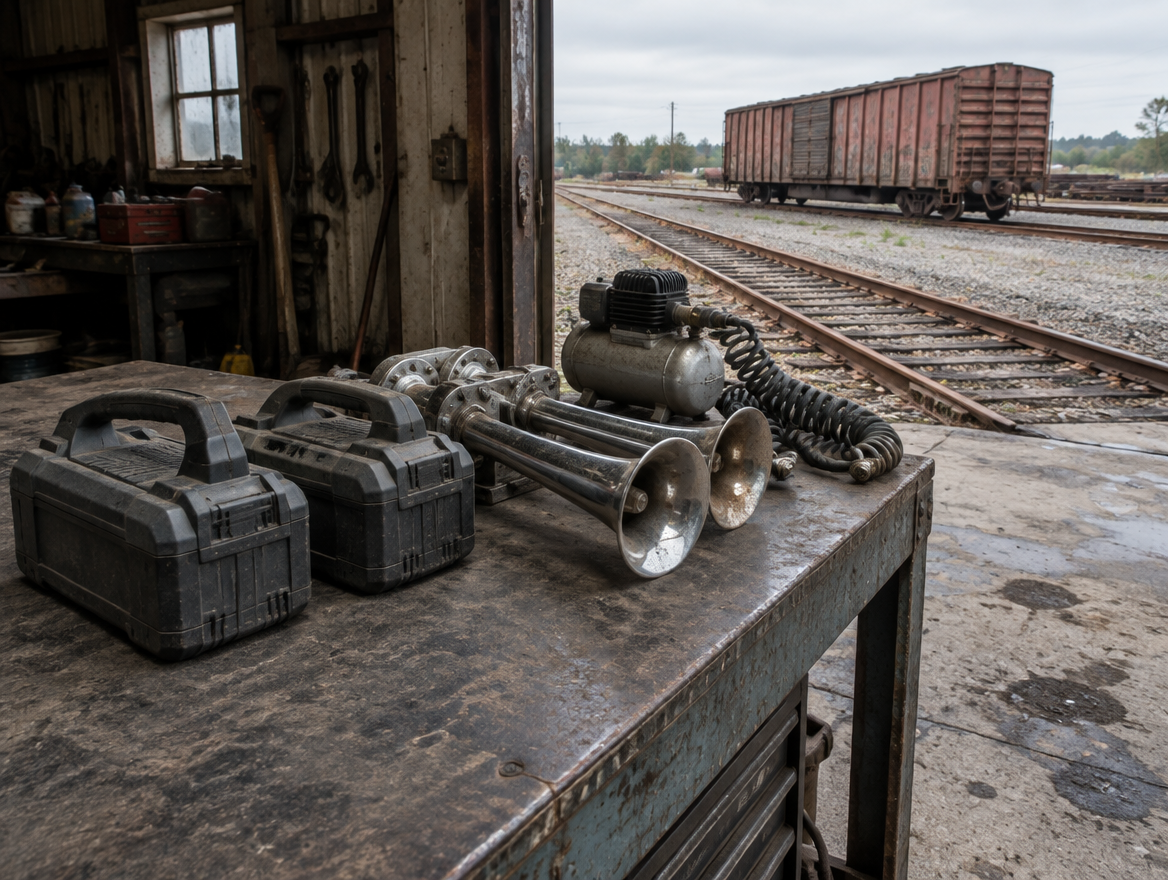 Large lawn-tool battery packs and a chrome train horn on a shed workbench, with rail track through the open door