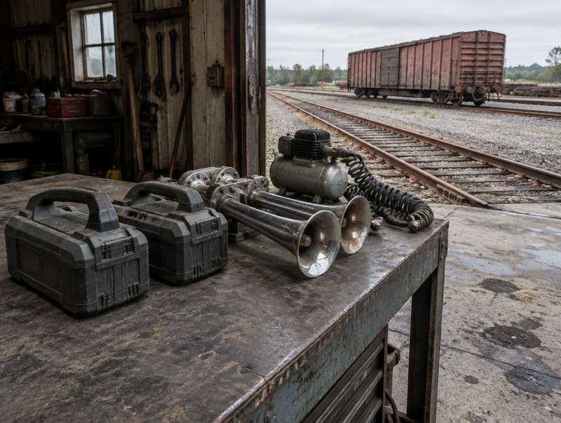 Large lawn-tool battery packs and a chrome train horn on a shed workbench, with rail track through the open door