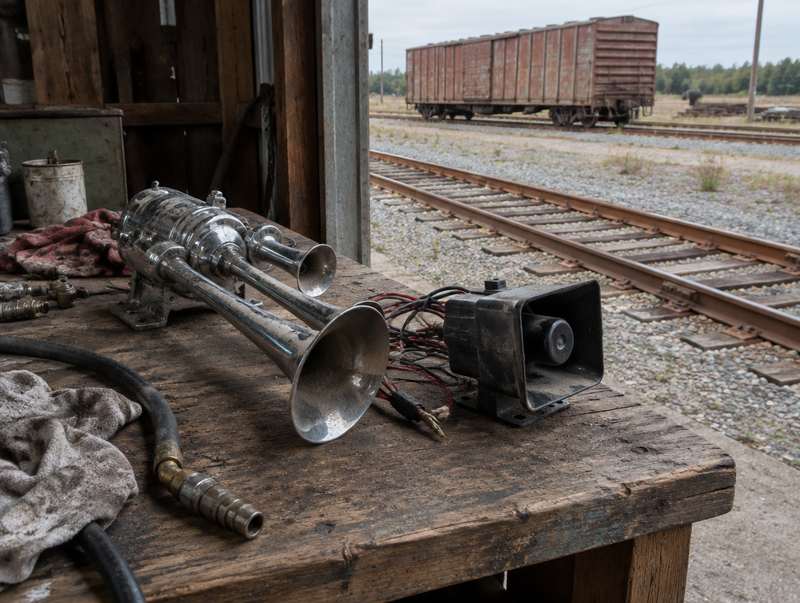 A chrome air horn and a small black electric horn speaker on a dusty bench in a railway shed with track outside.