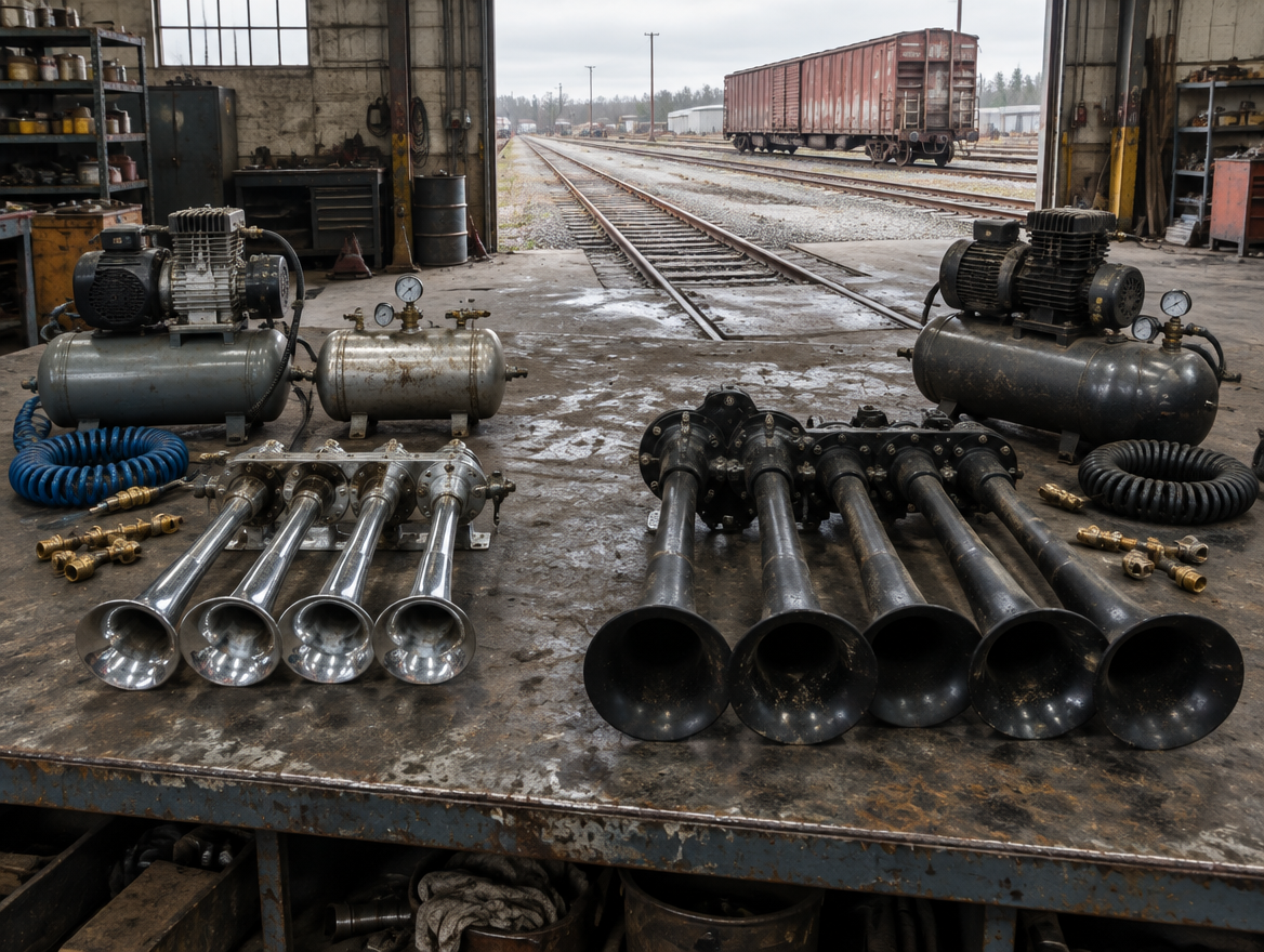 Two train horn kits with compressors on a dusty railway shed bench, rail yard tracks visible through the open door