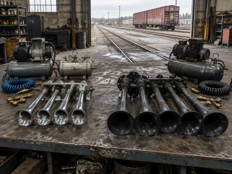 Two train horn kits with compressors on a dusty railway shed bench, rail yard tracks visible through the open door
