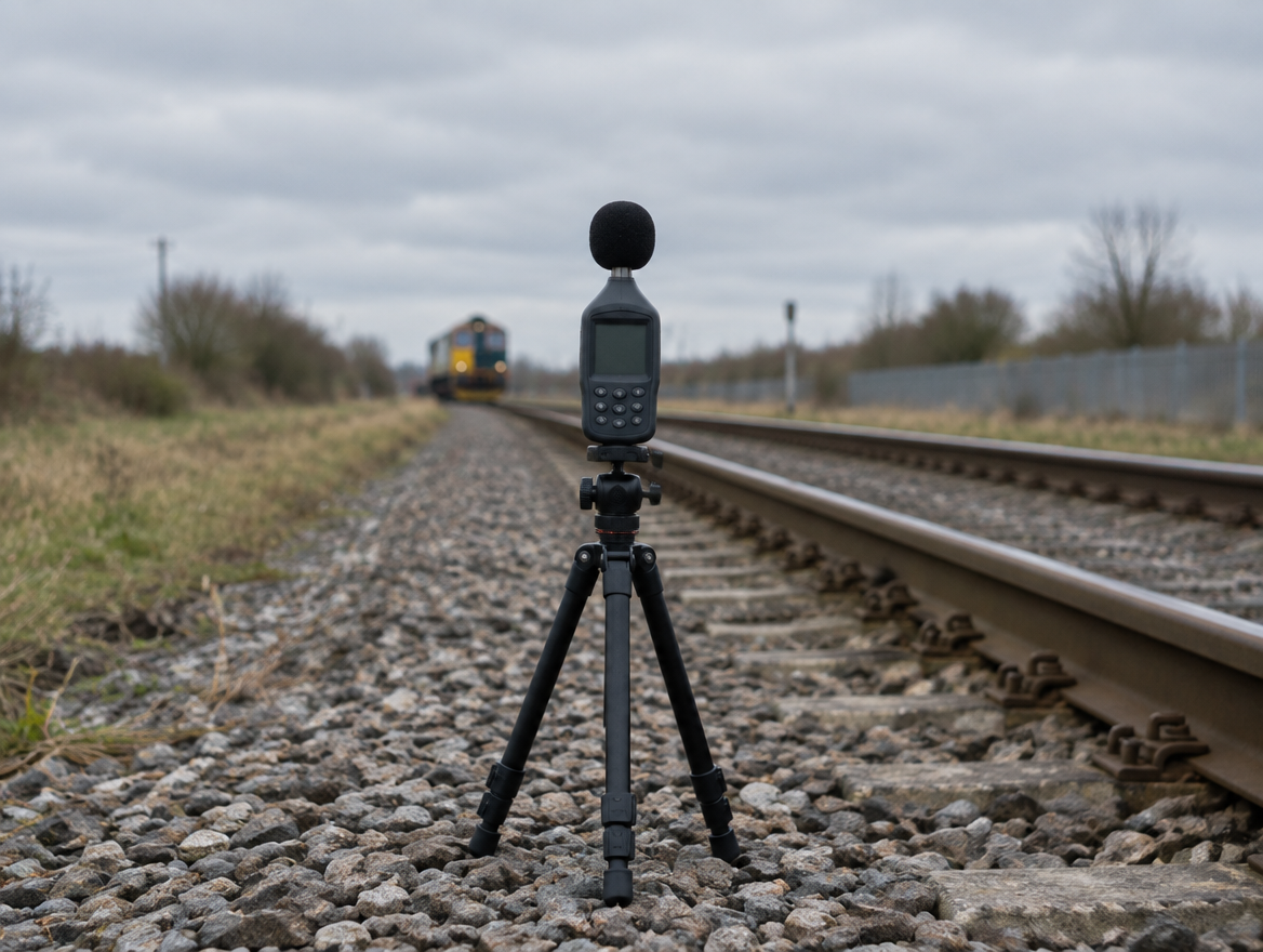 A sound level meter on a tripod beside a railway track, a locomotive far down the line