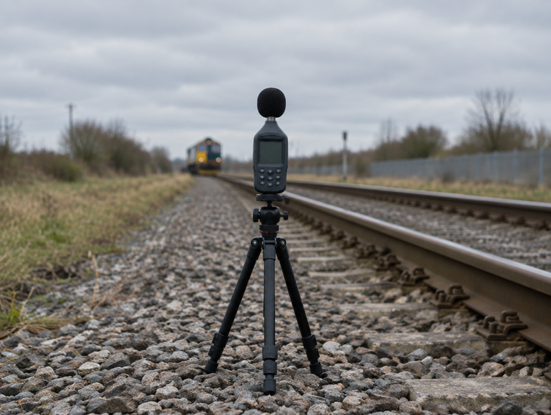 A sound level meter on a tripod beside a railway track, a locomotive far down the line