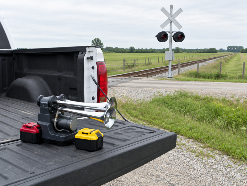 A battery train horn with tool packs on a pickup tailgate beside a rural level crossing with a crossbuck and signal mast.