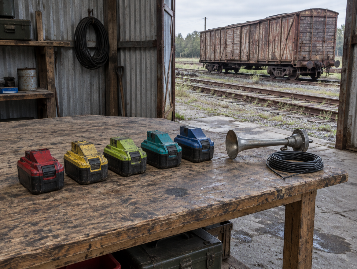 Five cordless tool battery packs in different colours on a dusty bench in a railway shed, a boxcar on the track outside.