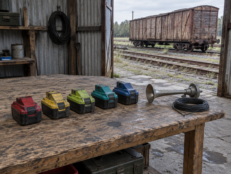 Five cordless tool battery packs in different colours on a dusty bench in a railway shed, a boxcar on the track outside.