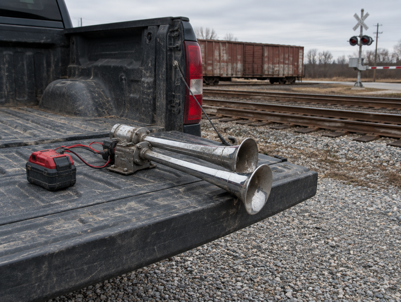 A train horn and cordless tool battery on a pickup tailgate beside a rail yard with a boxcar and a level crossing.