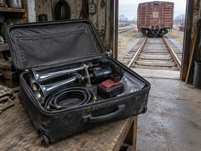Open carry-on suitcase holding a train horn and red battery pack in a railway shed, with track and boxcar outside.