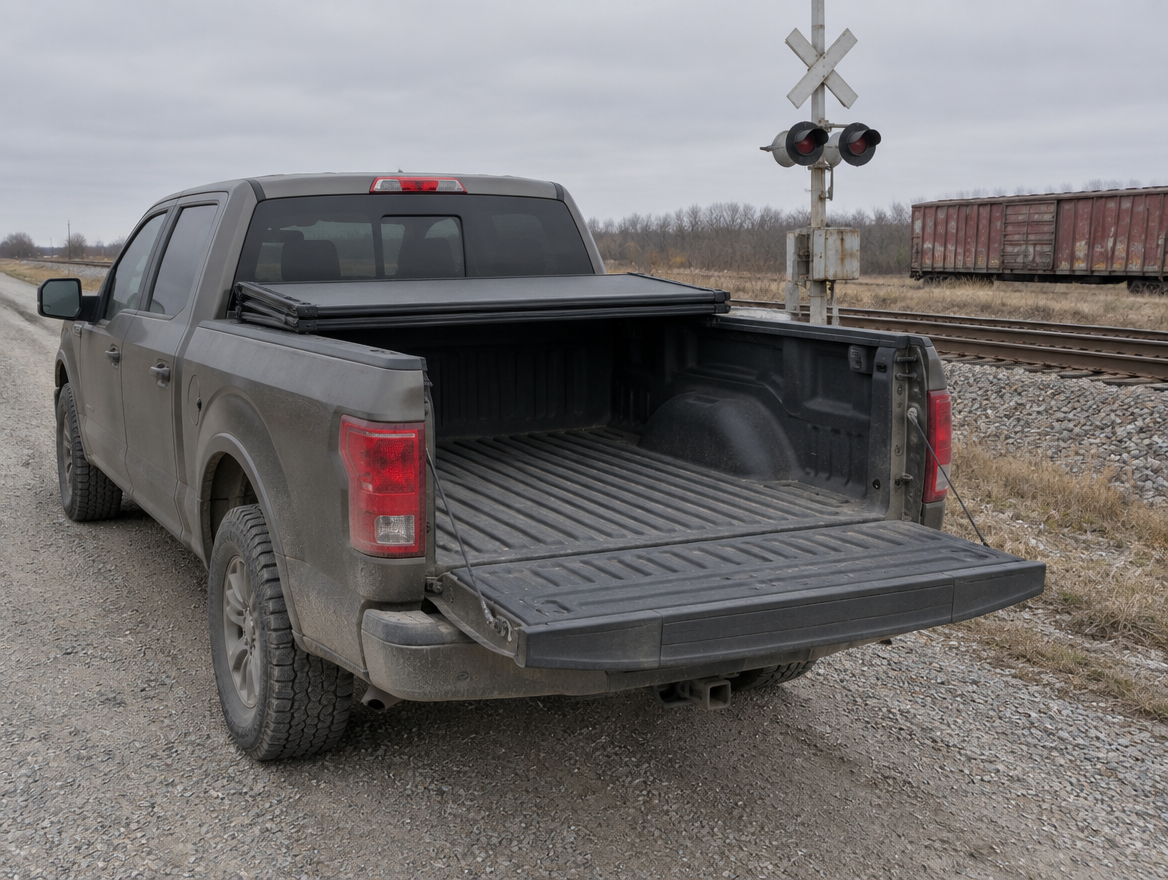 A dusty pickup with its tonneau cover folded back, parked beside a rural level crossing with a boxcar behind it.