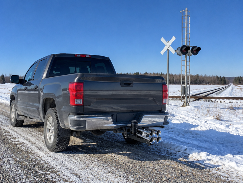 Pickup truck with a horn mounted in its rear hitch receiver, parked by a snowy rural railroad crossing.