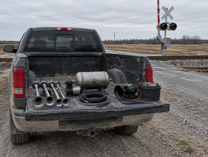 Air-powered and battery train horn kits on a pickup tailgate parked beside a rural railway level crossing.