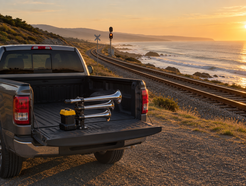 Portable train horn with a yellow battery on a pickup tailgate beside a coastal railway at golden hour