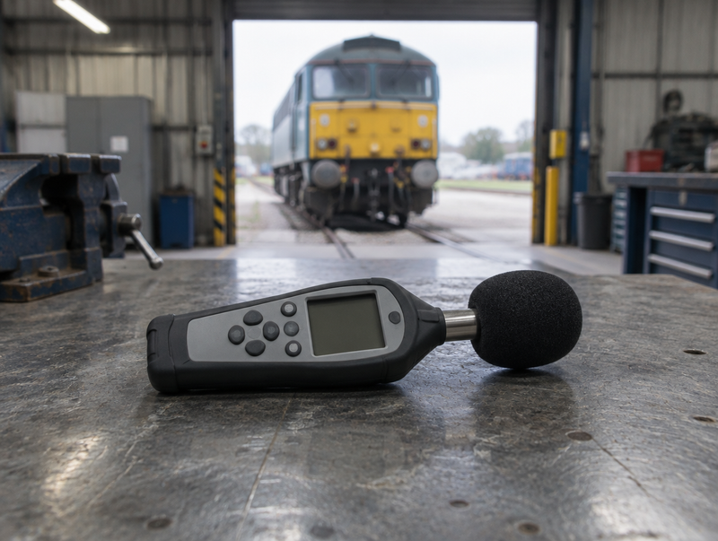 A sound level meter on a depot workbench, the front of a locomotive through the open door