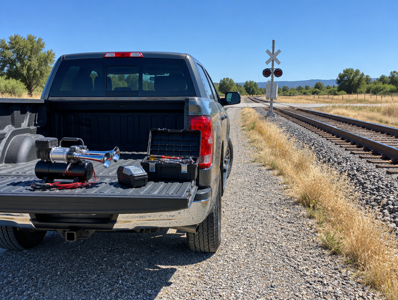 Pickup tailgate with a small air compressor, horn and tool battery parked beside a sunlit rail line and crossbuck.