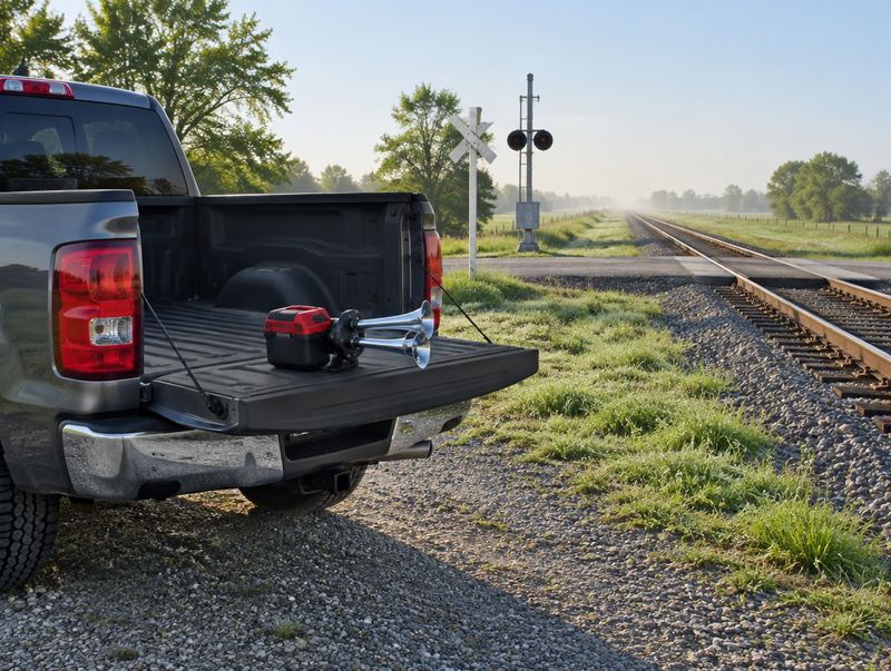 A compact battery train horn on a pickup tailgate at a rural rail crossing on a clear, hazy morning.