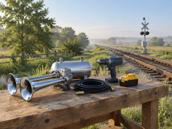 A partly built cordless train horn on a workbench beside a rural rail line in soft morning light.