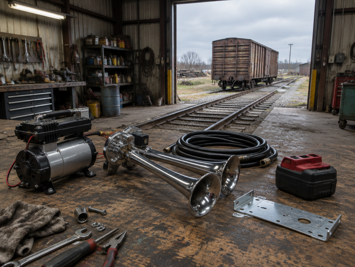 DIY train horn parts and a red cordless tool battery on a workbench in a railway shed with a boxcar outside.