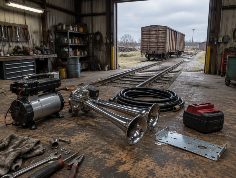 DIY train horn parts and a red cordless tool battery on a workbench in a railway shed with a boxcar outside.